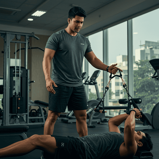 personal trainers working with clients at a gym in Bangalore, India