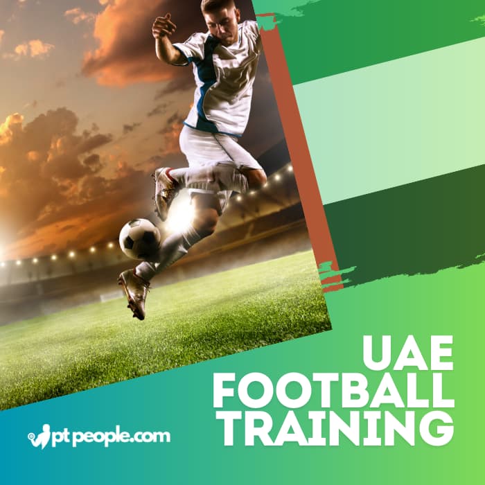 High-energy football training session in Dubai with players practicing passing and shooting techniques. (This describes the atmosphere and specific skills practiced, using the location and keyword "Football Training Dubai", emphasizing the dynamic nature of the session).