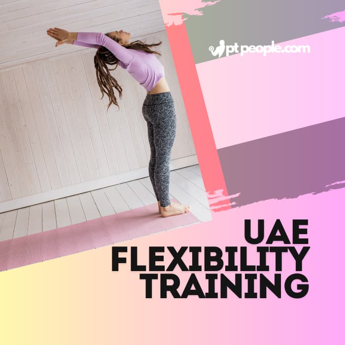 Personal trainer in Dubai stretching a client's legs, demonstrating assisted flexibility techniques. (This describes the action, location, and keyword "Flexibility Training Dubai", showcasing a specific training method and the role of a personal trainer).