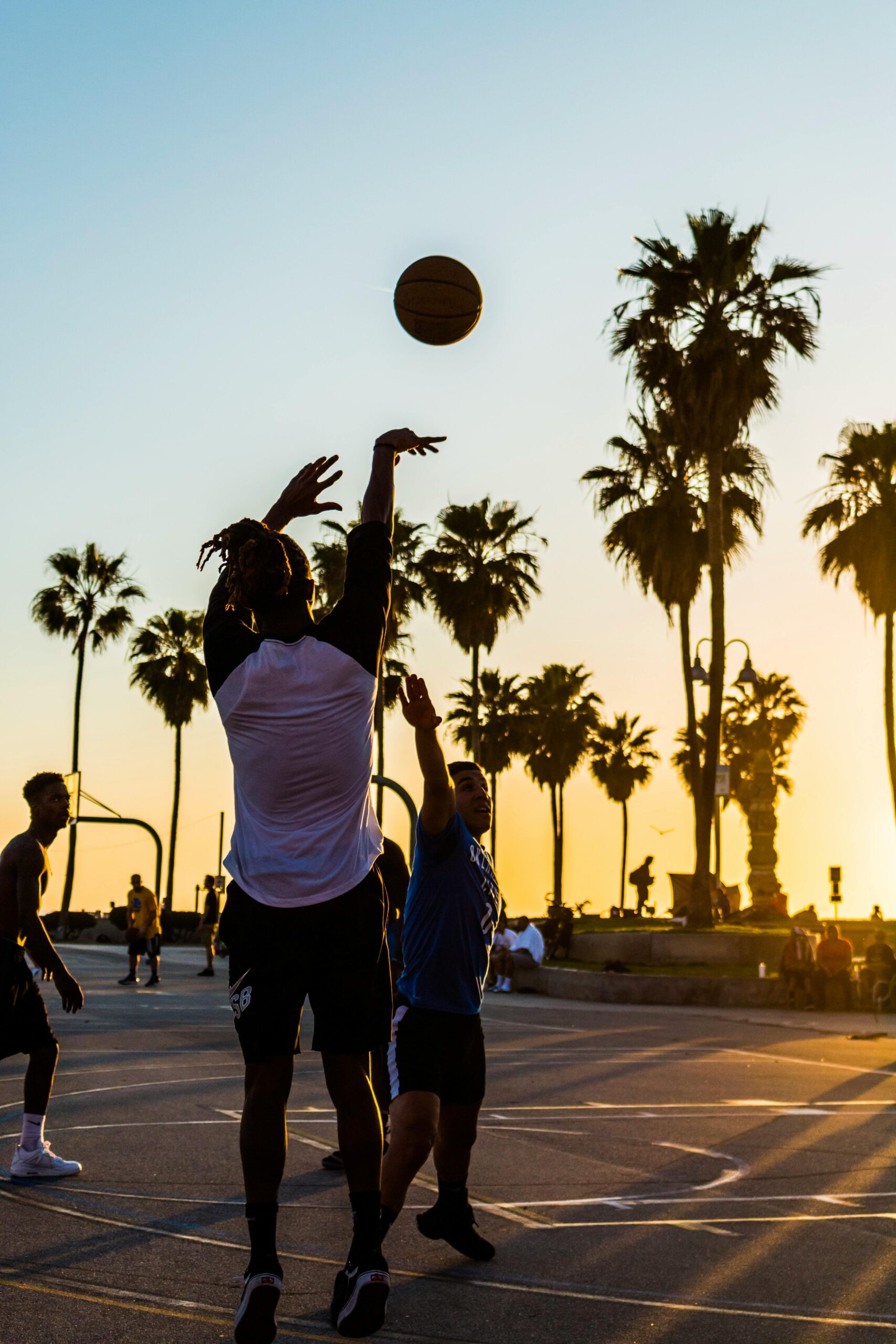 Players enjoy a casual basketball game under palm trees at Venice Beach during a stunning sunset.