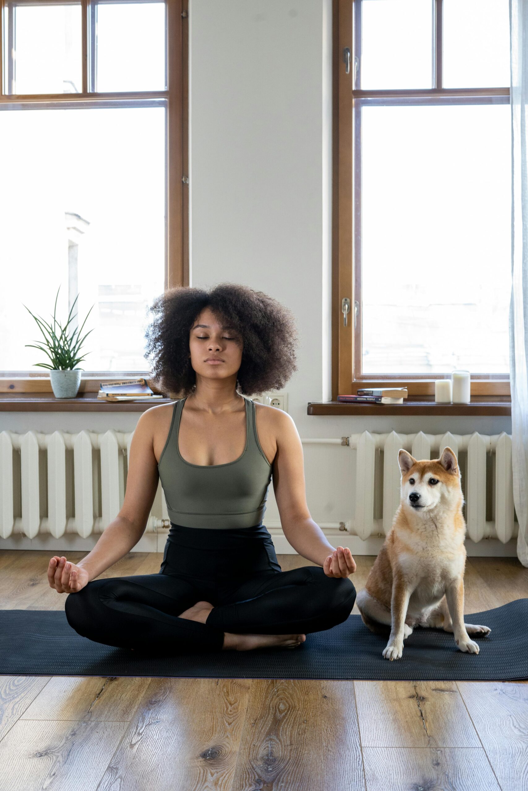 A woman practices yoga meditation at home with her dog, creating a calm and peaceful environment.