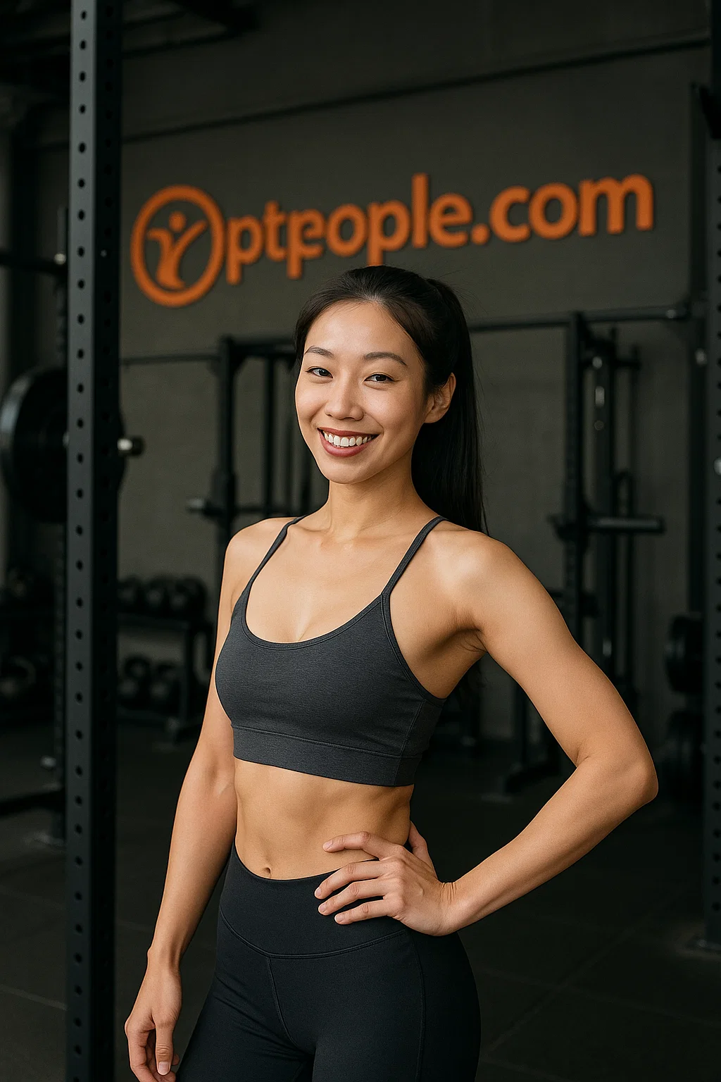 Slim curvy chineses race smiling woman posing in gym in Beijing with logo of ptpeople.com on wall