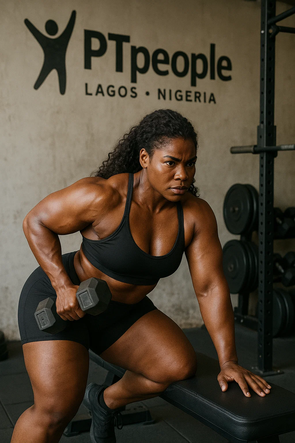 curvy muscular woman training in lagos nigeria gym with logo of ptpeople on wall