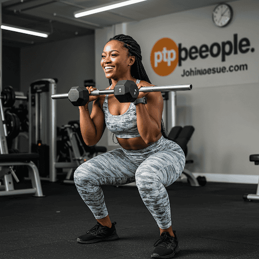 image of Slim curvy black race pretty smiling woman wearing tight gym wear squatting weights in gym in Johannesburg with logo of ptpeople.com on wall, in portrait size for mobile