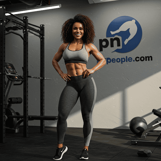 image of Slim curvy mixed race smiling woman posing in gym in Durban gym with logo of ptpeople.com on wall