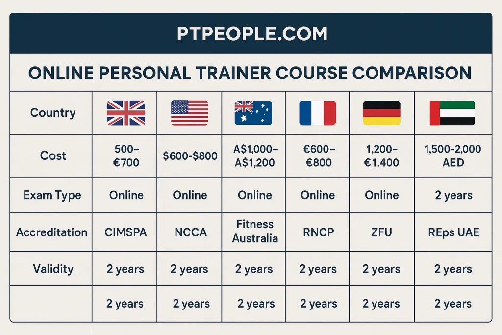 Online personal trainer course comparison chart of uk, usa, australia, france, germany, dubai, with ptpeople.com header