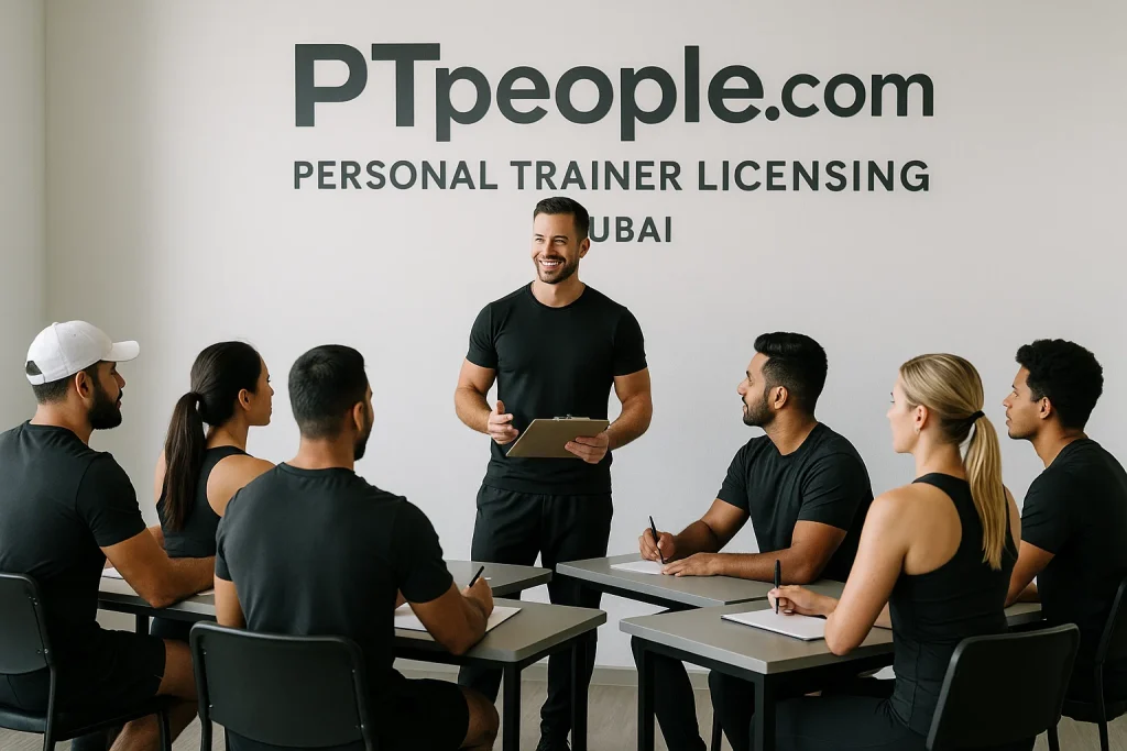 Personal trainer licensing and teaching in Dubai classroom for men and women trainers, ptpeople.com logo on the wall