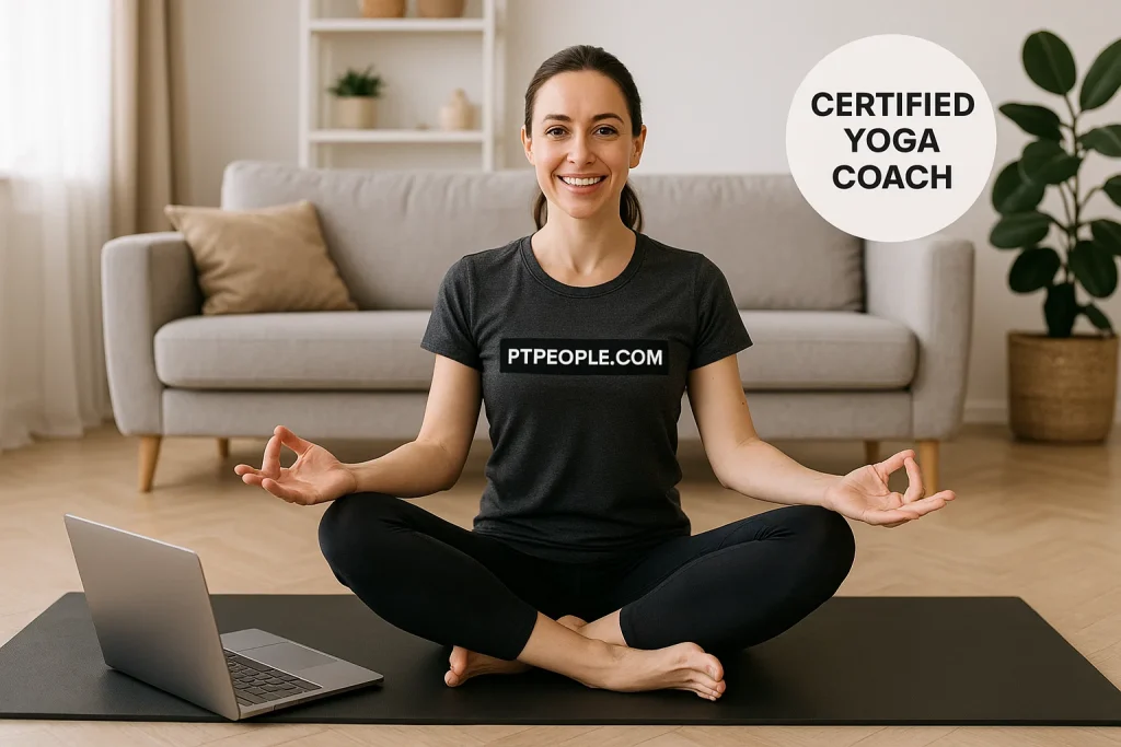 Yoga instructor teaching a diverse group in a studio with PTpeople.com banner