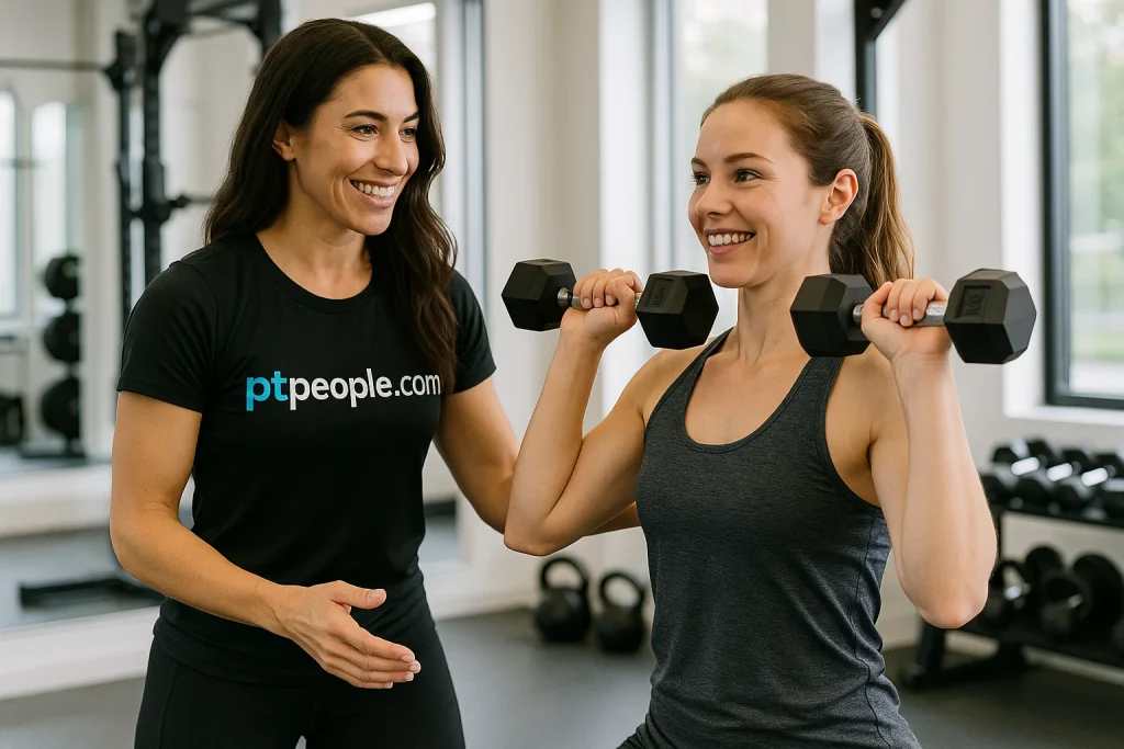 Women in London gym doing strength training with a female PT, showcasing empowerment