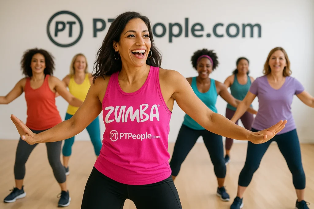 Zumba instructor leading a fun group dance fitness class